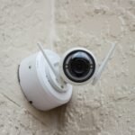 White surveillance camera mounted on an exterior wall