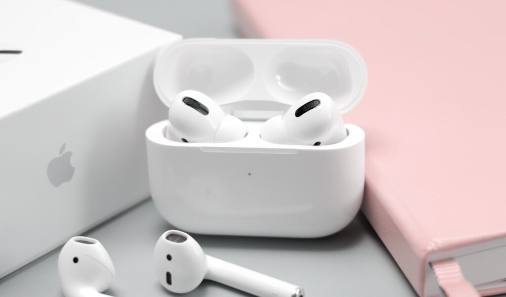 Close-up of white wireless earbuds